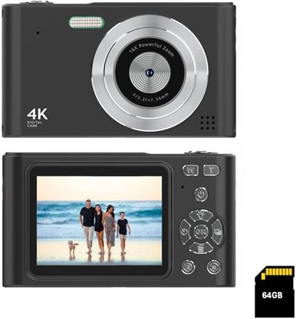 Digital Pocket Camera 16x Zoom, 64GB, FHD 1080P, Anti-Shake, Black