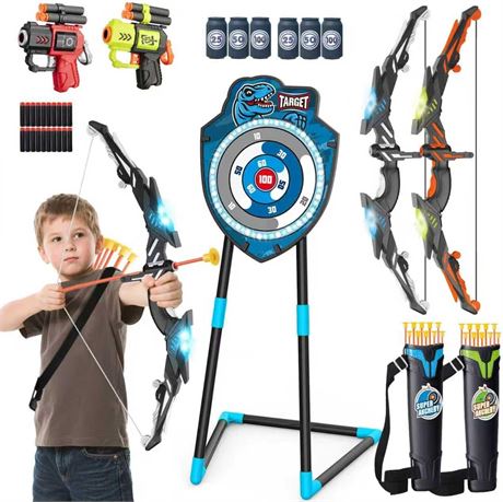 2-Pack Kids LED Archery Set with Standing Target and 20 Suction Cup Arrows