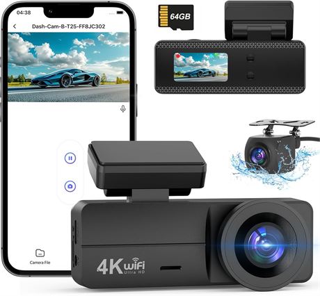 4K Front Rear Dash Cam with WiFi App 64GB Card and 24H Parking Monitor