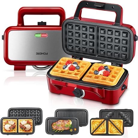 FOHERE 3in1 Waffle Maker, Sandwich Panini Press with Removable Plates