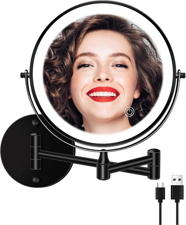 Rechargeable Wall-Mounted Makeup Mirror, 8" Double-Sided LED Mirror