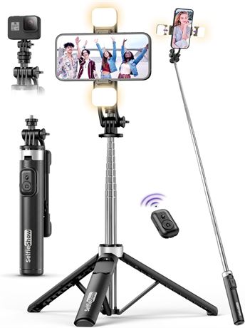 Selfie Stick Tripod with 2 Fill Lights, 53" Extendable, Wireless Remote
