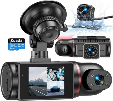 Dash Cam Front/Rear Inside, 1080P 3-Channel, 64GB Night Vision, WDR Parking