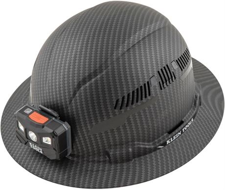 Klein Tools Hard Hat, Vented Full Brim, Class C, KARBN, Rechargeable Lamp