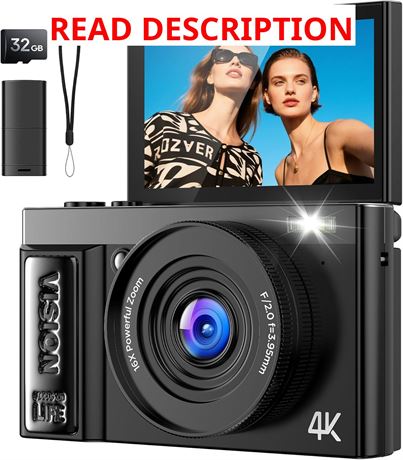 Digital Camera 4K for Vlogging, 64MP, 16x Zoom, Autofocus, 180  Flip