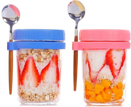 2-Pack Overnight Oats Jars with Lids & Spoons, 16 oz Glass Mason Jars, Airtight