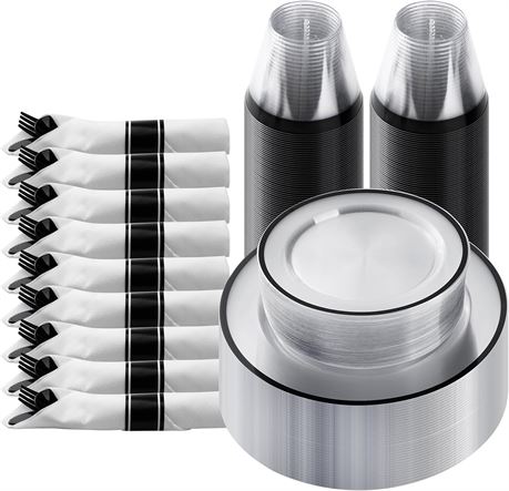 Goodluck 175-Piece Black Plastic Dinnerware Set, Plates & Cutlery