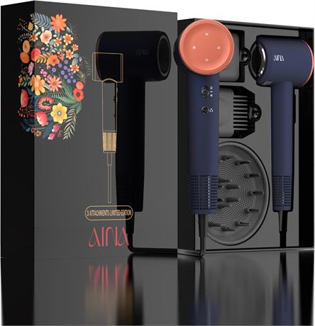 AINA Hair Dryer with Diffuser & Brush, 110,000 RPM Brushless Motor, Blue