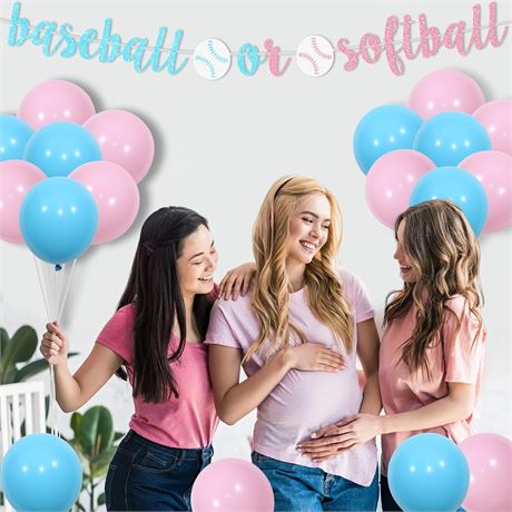 Gender Reveal Decorations: Baseball/Softball Banner, Toppers & Balloons