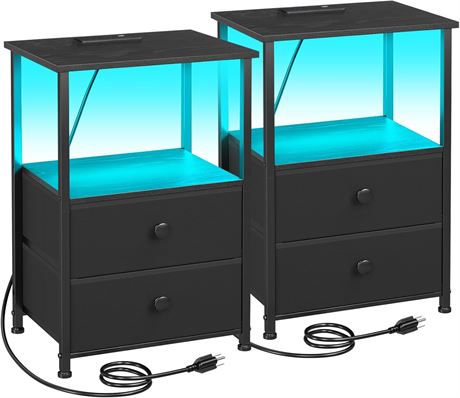 LOAKEKEL Lot 2 Tables Nuit LED avec Chargeur, Tiroirs, Table Chevet Noir
