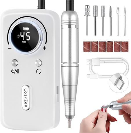 CozyZen Cordless Nail Drill: 45000 RPM Rechargeable Nail File Kit - Acrylics