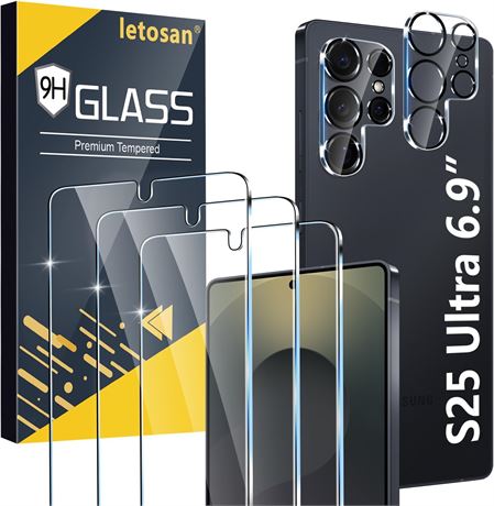 3+3 Pack Glass Screen Protector for Samsung Galaxy S25 Ultra 5G, 9H Tempered