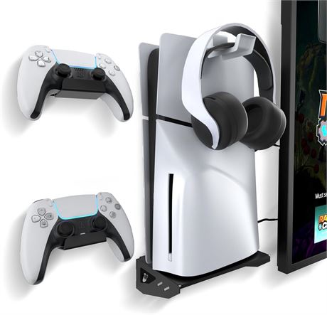 Wall Mount Kit for PS5 Slim - 2 Controller Holders, Headset Hook, Bracket