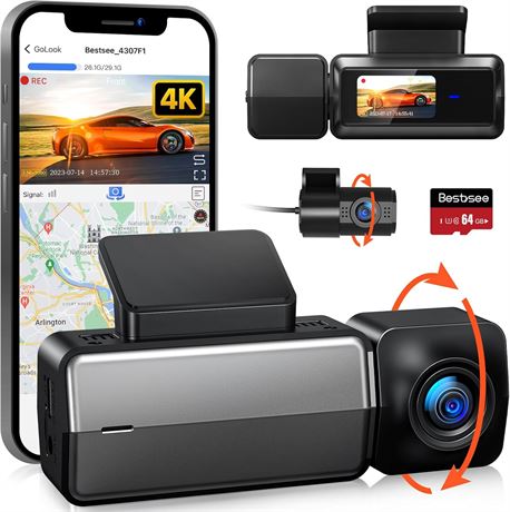 BESTSEE 4K/2.5K Dash Cam with WiFi GPS, 64GB Card