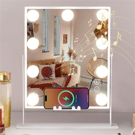 COOLJEEN Miroir Maquillage LED Bluetooth, Charge Sans Fil, 9 Ampoules
