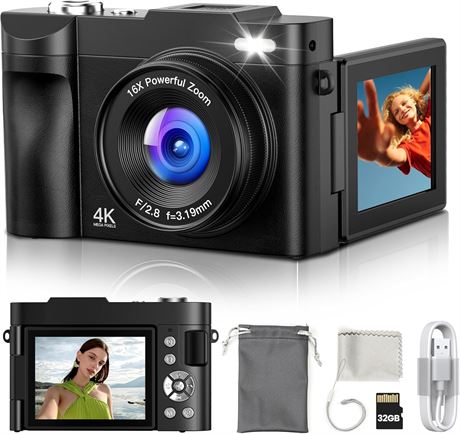 4K Digital Camera for Vlogging, 48MP, 16x Zoom, Flip Screen Gift for Teens