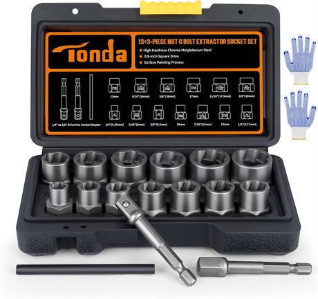 TONDA Bolt Extractor Kit, 16-Pc Impact Bolt & Nut Remover Set, 3/8" Adapter