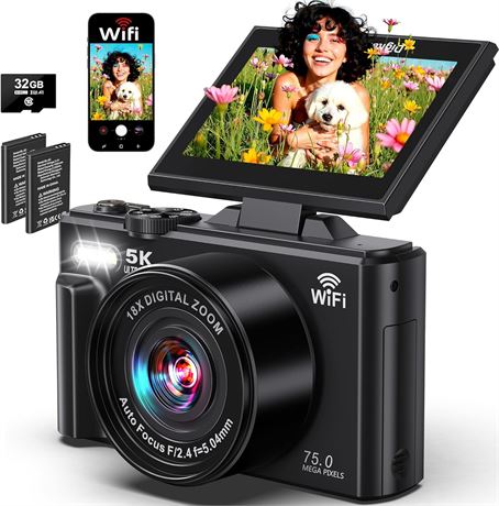 5K Digital Camera with WiFi, 75MP UHD, Autofocus Vlogging for YouTube