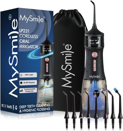 MySmile Cordless Water Flosser 335ML with OLED Display, 8 Tips, 4 Modes