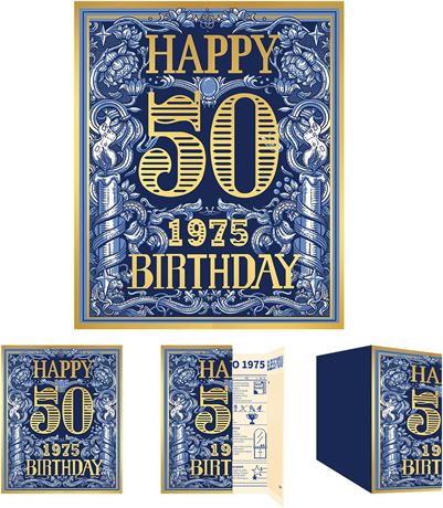 qiqee 50th Birthday Greeting Card Vintage 1975 Blue Gold Envelope Keepsake Gift