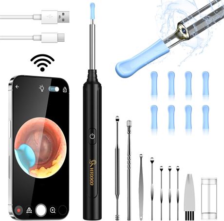 VITCOCO nettoyeur oreilles sans fil, otoscope HD 1296P, iPhone/Android