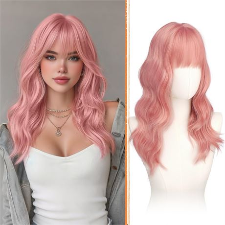Haloo Pink Wig with Bangs 20-Inch Wavy Synthetic Heat-Resistant Hair Wig