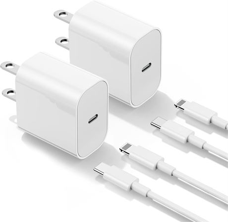 2-Pack Apple Certified 20W PD USB-C Charger + 6ft USB-C to Lightning Cable