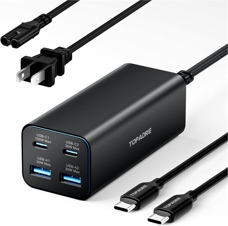 Topadre 100W USB-C Laptop Charger, 4-Port GaN Charger Station, 5ft