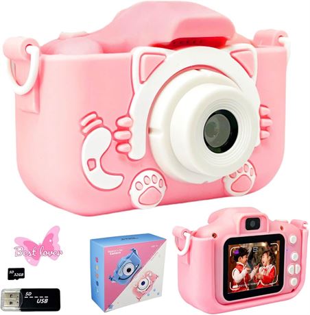 Kids Camera Toys 3-12: Digital Camera for Kids with Video, 32GB TF Card Pink