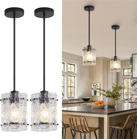 Black Glass Pendant Lights for Kitchen Island, Adjustable, 2 Pack
