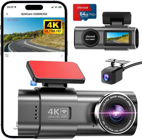 4K WiFi Dash Cam Front & Rear, 64GB SD, 1.47" IPS Screen, Night Vision, 170°