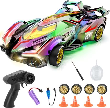 GRANTLEY RC Drift Racing Car 1:24 Scale 4WD, LED, 2.4 GHz, Spray, Spare Tire