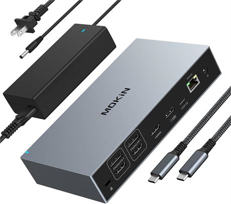 DisplayLink Docking Station for 3 Monitors, 3 HDMI, 2 DP, 120W Power, USB-C/A