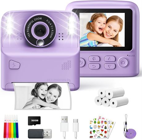 Kids Instant Print Camera 2.4" Screen 32GB 5 Rolls Paper Purple