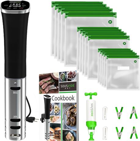 SousVide ART 800W Immersion Circulator Kit, Includes 30 Bags, Pump & Cookbook