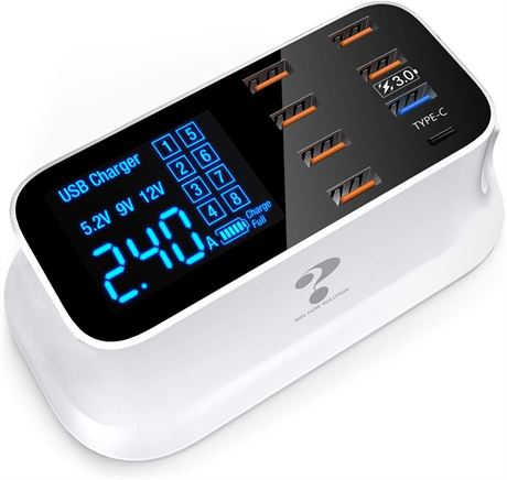 8-Port USB Charger Desktop Charging Station with QC 3.0, Type-C & LCD