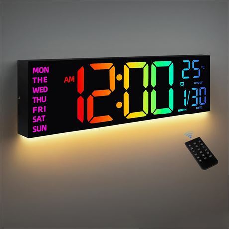 Horloge Murale Digitale 40cm 8 Couleurs Température Date Luminosité