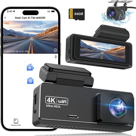 4K Front and Rear Dash Cam with WiFi App and 64GB Card