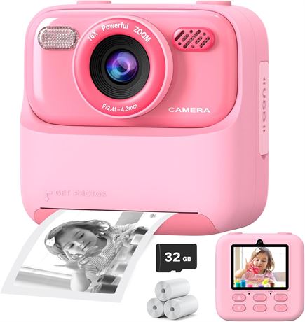 Kids Camera Instant Print 1080P Dual-Lens Camera with 32GB Card & Paper