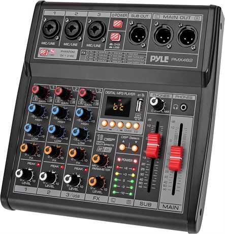 Pyle DJ Audio Mixer, 3-Ch, USB, FX, Phantom Power