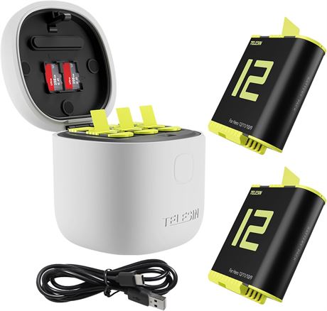 TELESIN 2-Pack Battery Charger for GoPro HERO 12/11/10/9, IP54 SD Card Reader
