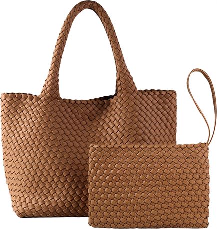 Woven Tote Bag for Women - Vegan Leather Handwoven Tote with Small Purse