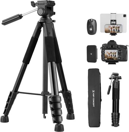 K&F CONCEPT 75" Lightweight Tripod with Remote & 2-in-1 Phone Holder