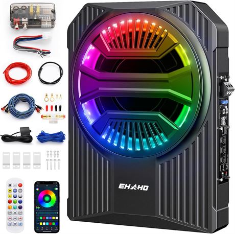 Ehaho 10" 1200W Slim Underseat Car Subwoofer with Amplifier and RGB Lights