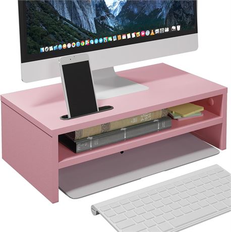 BONTEC Support de moniteur en bois et smartphone, 2 niveaux, rose, 41,9 cm