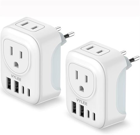 VYLEE 2-Pack European Travel Plug Adapter with 2 Outlets and 4 USB Ports