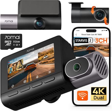 70mai 4K T800 3-Channel Dash Cam, Front/Rear 2160P+1080P, HDR
