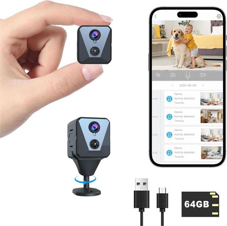 Hidden 2K WiFi Spy Camera with 64G SD, Night Vision, Motion Detection, Mini Cam
