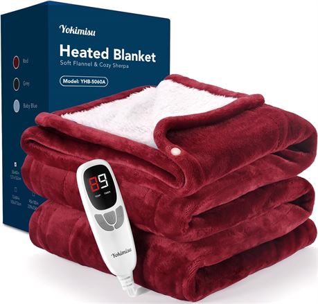 Yokimisu Heated Blanket, 50x60, 9 Heating Levels, Auto Off, Red