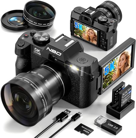 48MP 5K Vlogging Camera for YouTube with 2 Batteries and 32GB Card